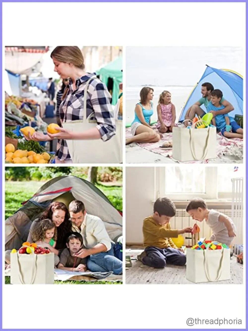 3 Pack 12oz Canvas Reusable Grocery Bags Heavy Duty Tote with Long Shoulder
